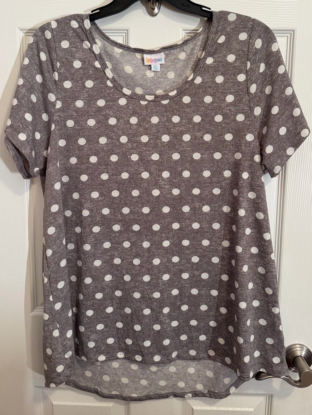 LuLaRoe Gray with White Polka Dot Short Sleeve Scoop Neck Top Like New Size 2X